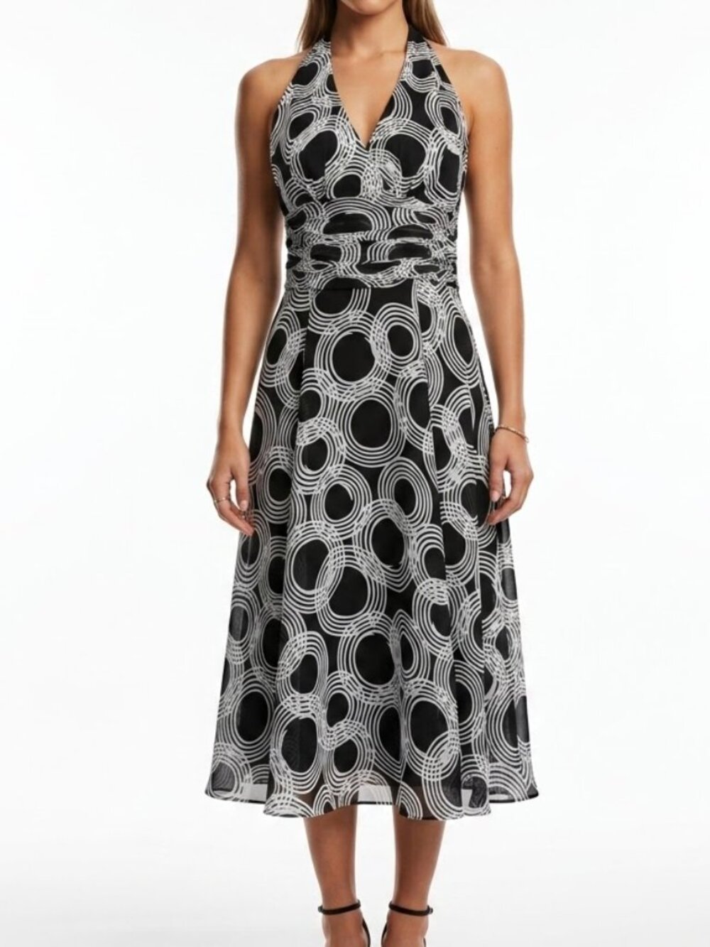 Maggy Boutique Mod Swirl Halter Midi Dress Black White Geometric Y2K Size 14